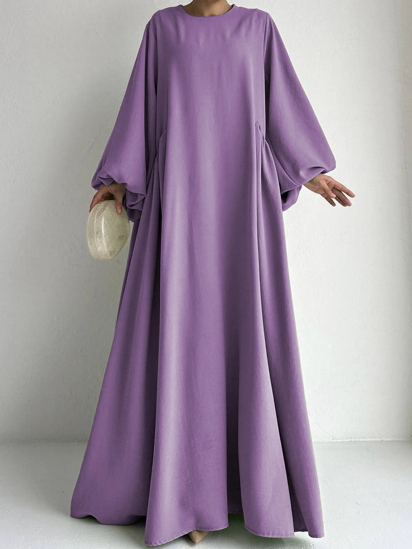 Elegant Solid Bishop Sleeve Abaya Kaftan – Crew Neck Maxi Dress for Women