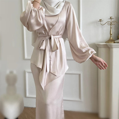 Satin Plain 2-Piece Abaya Set – Elegant Modest Clothing Kaftan Robe