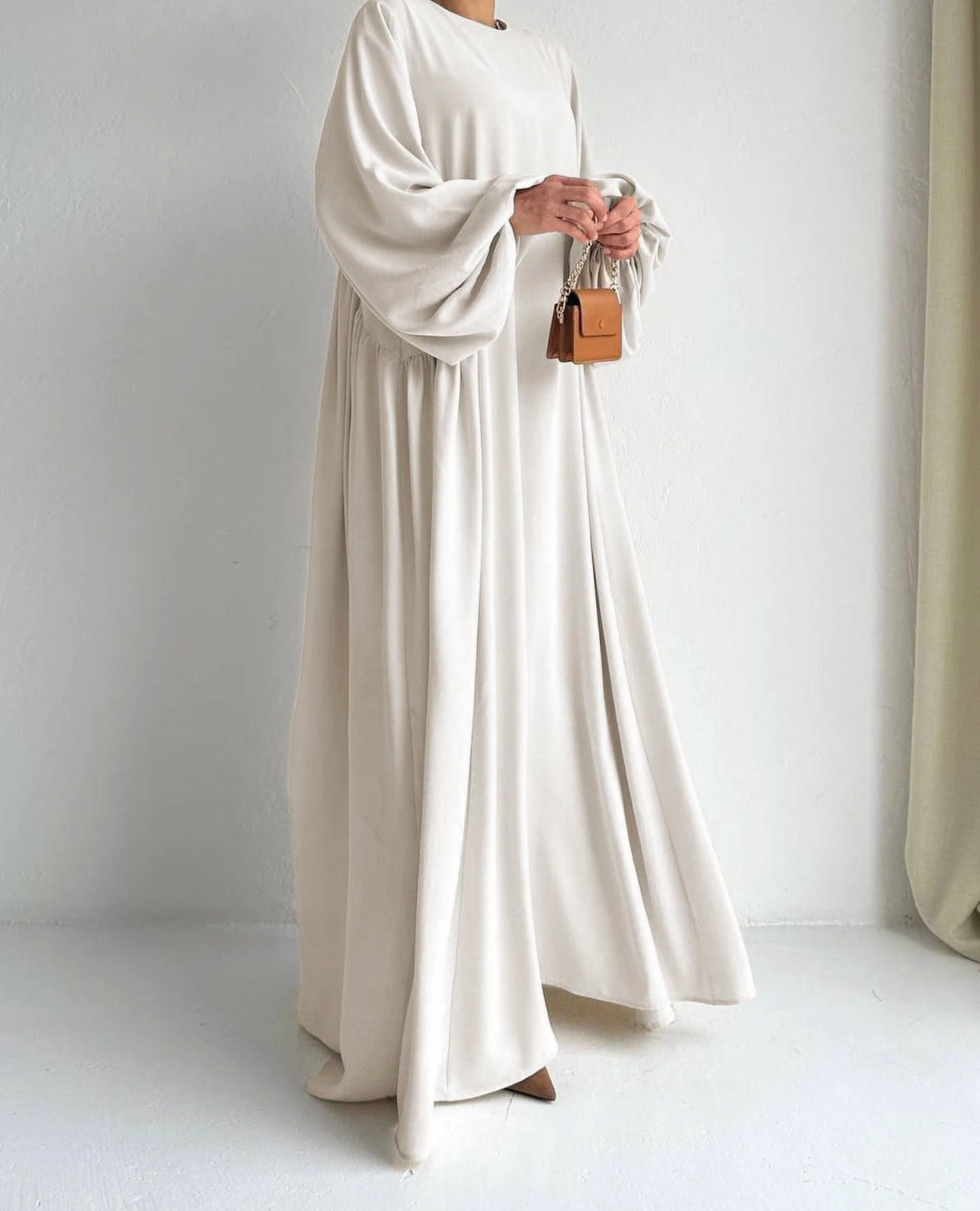 Elegant Solid Bishop Sleeve Abaya Kaftan – Crew Neck Maxi Dress for Women