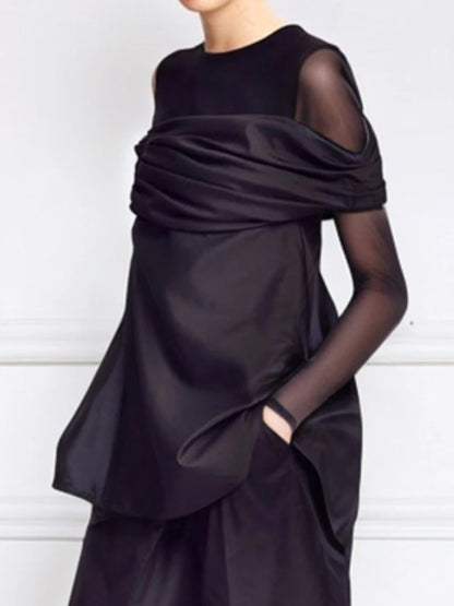 Pant Sets Two-Piece Set – See-Through Blouse & Wide Leg Pocket Loose Pants