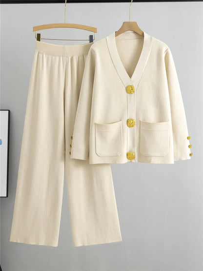 Knitted 2-Piece Set – V-Neck Cardigan Top & High Waist Wide Leg Pants