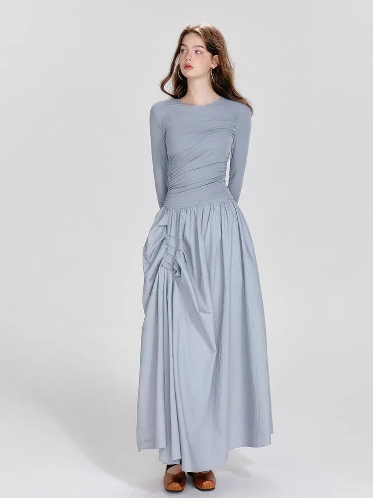 Ballet Style Round Neck Dress – Pleated Long Sleeved Fit & Flare Dress