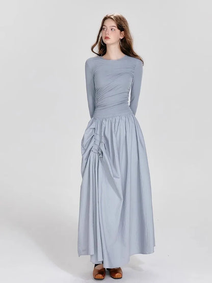 Ballet Style Round Neck Dress – Pleated Long Sleeved Fit & Flare Dress