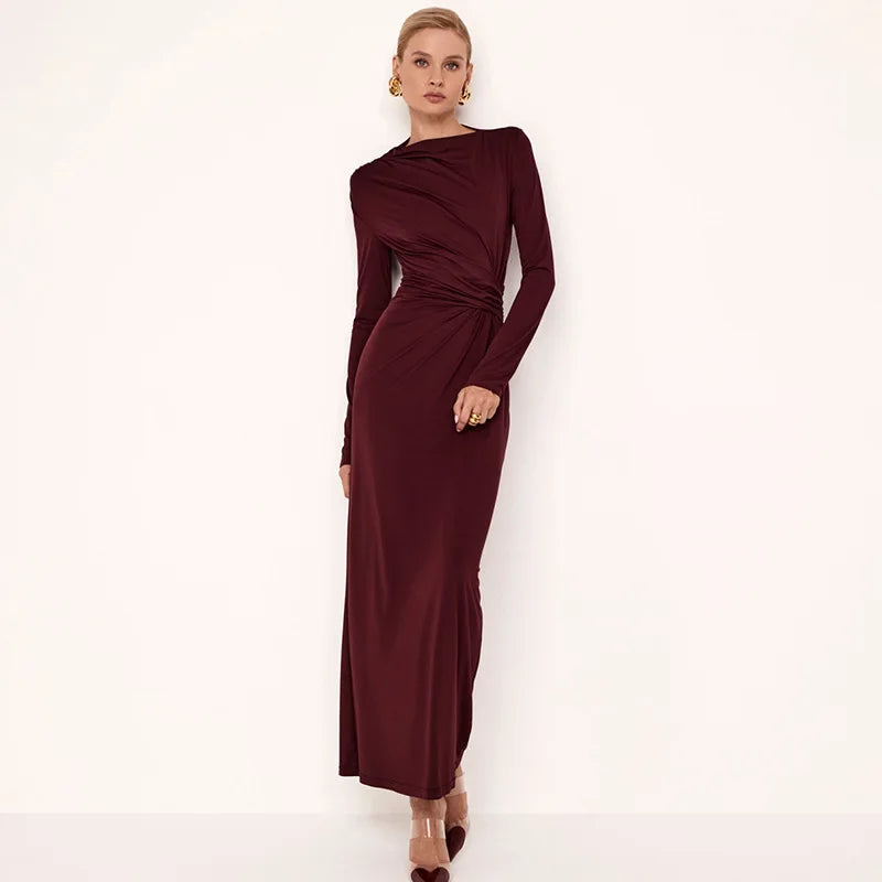 Pleated Slim Fashion Maxi Dress – Elegant High Waist Long Sleeve Bandage Dress
