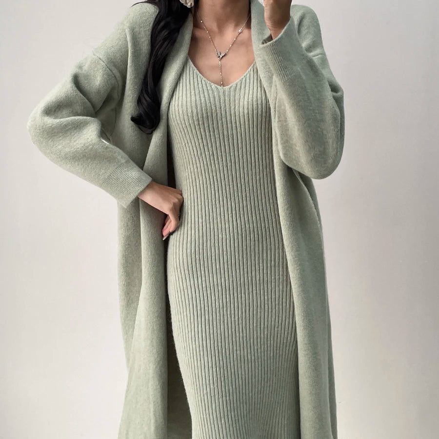 Knitted Dresses 2 Pieces Set V Neck Knit Sweater Dress+long Sleeve Solid Cardigans
