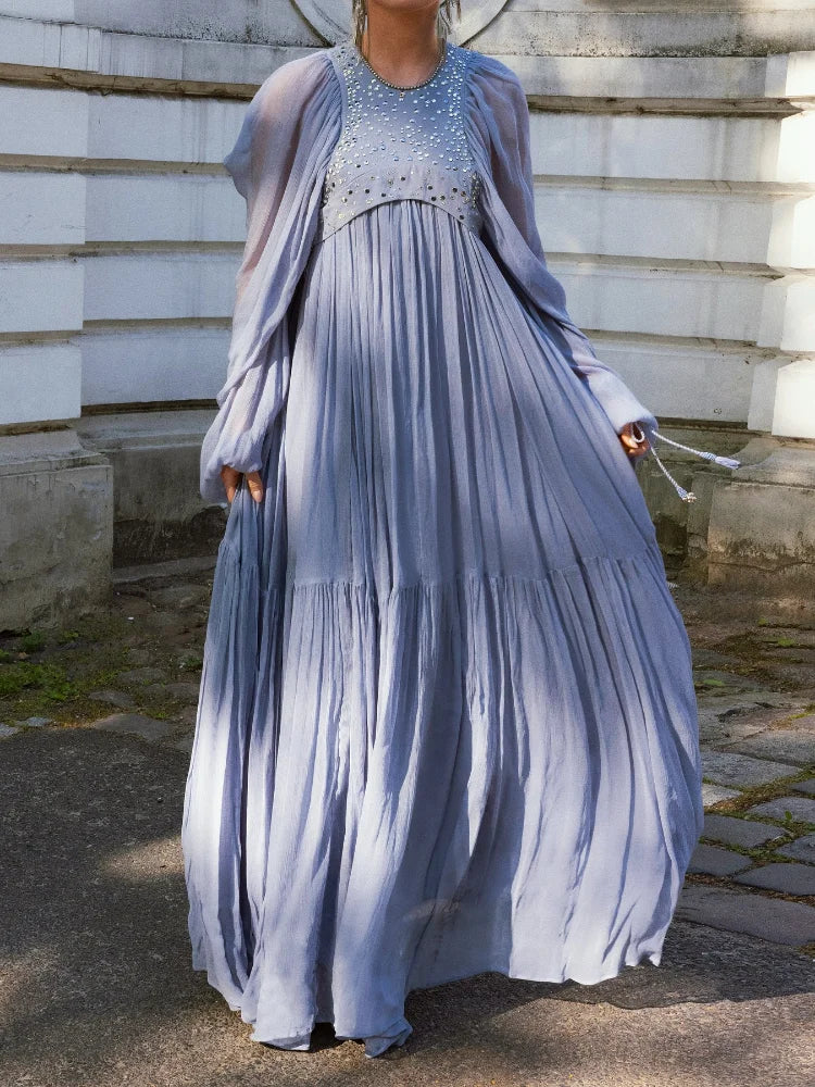 Pleated Puff Sleeve Maxi Dress – V-Neck, A-Line Silhouette