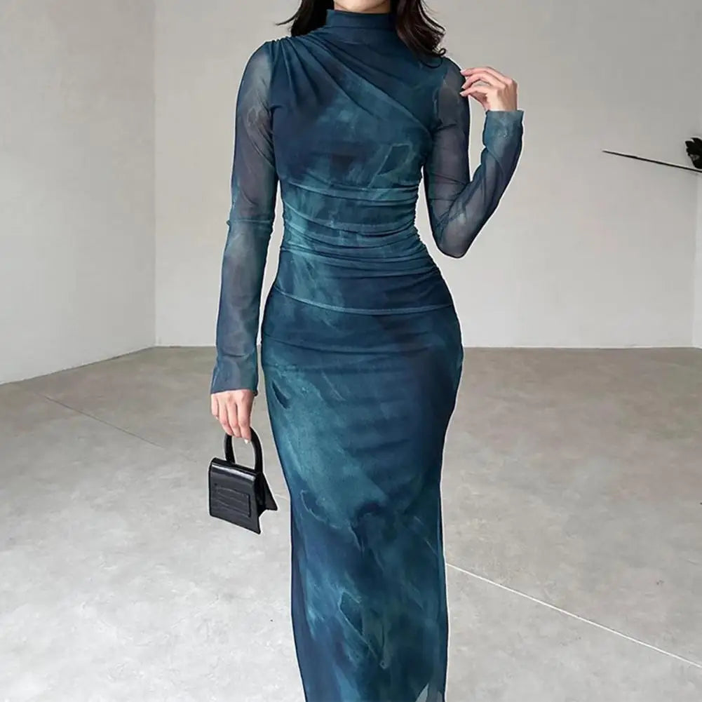 Elegant Pleated Midi Dress for Women - Slim Fit Solid Color Long Sleeve Design with Half-High Collar