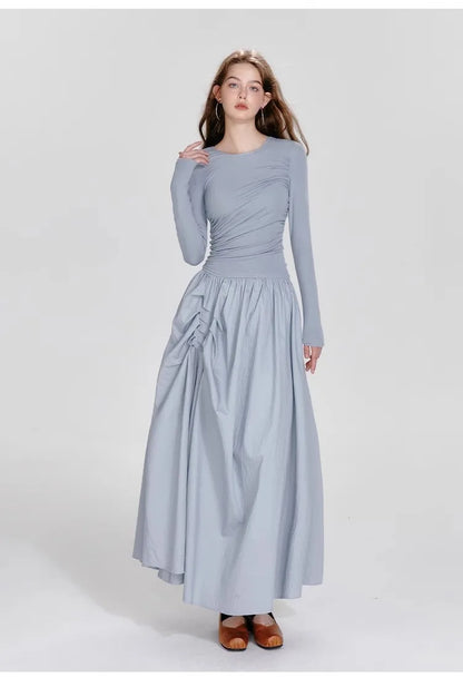 Ballet Style Round Neck Dress – Pleated Long Sleeved Fit & Flare Dress