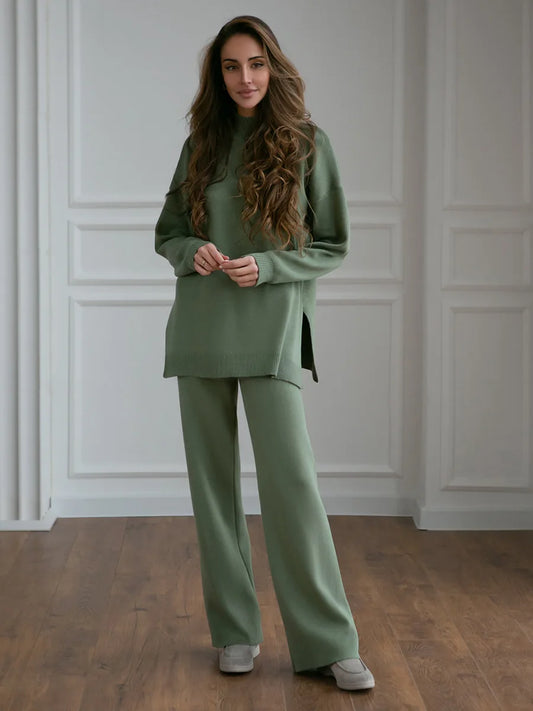 Knitted 2-Piece Suit – Half Turtleneck Sweater & Wide Leg Pants Set
