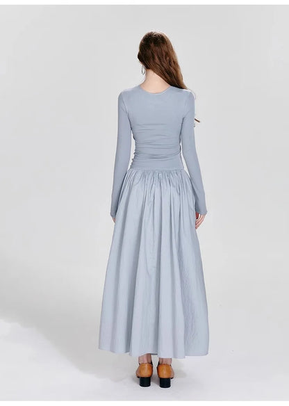 Ballet Style Round Neck Dress – Pleated Long Sleeved Fit & Flare Dress