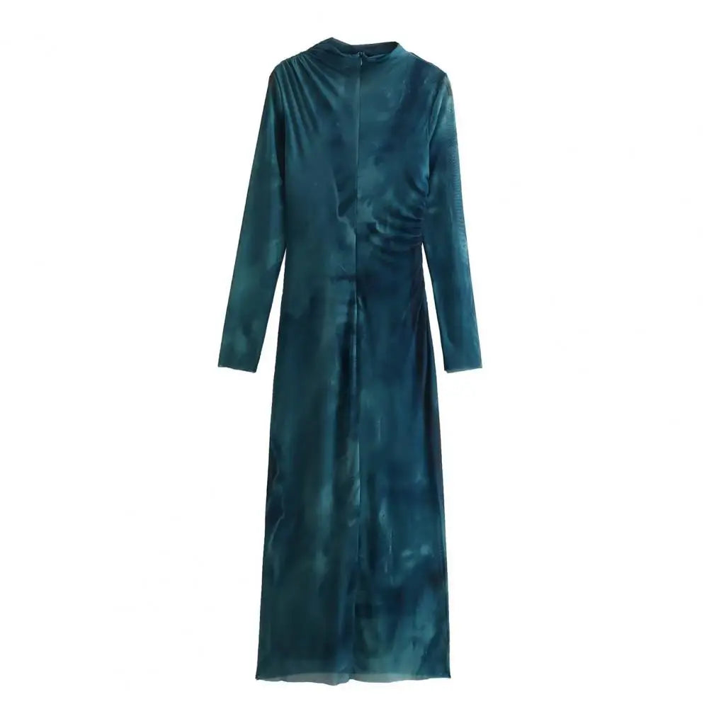 Elegant Pleated Midi Dress for Women - Slim Fit Solid Color Long Sleeve Design with Half-High Collar