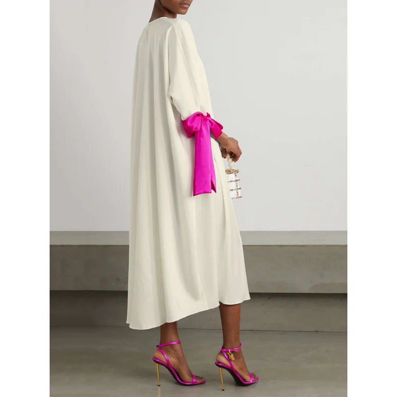 Elegant Bow Contrast Color Round-Neck Midi Dress