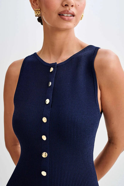 Knitted Single Breasted Long Dress - Sleeveless Bodycon Party Dress