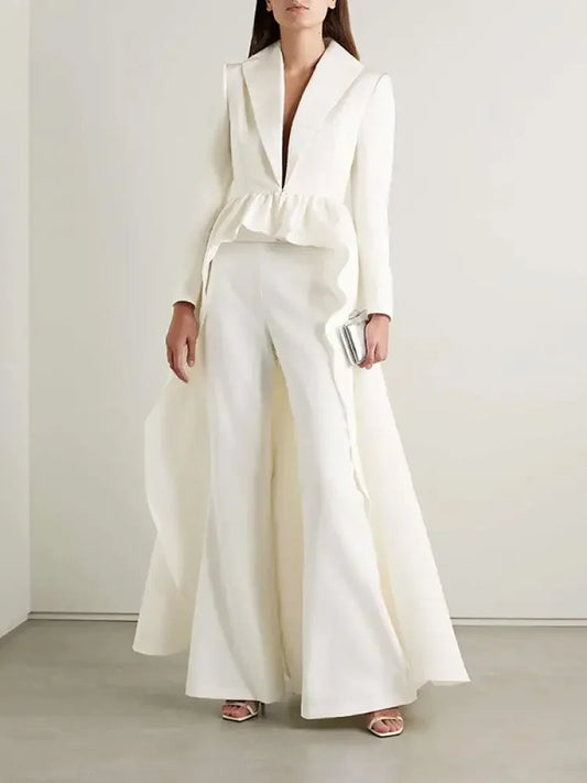 Extra-long Pleated Blazer Coat & High Waist Straight Pants Set – Two-Piece Outfit
