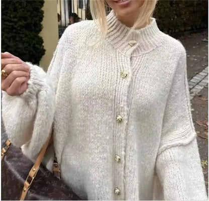 Loose Sweater Metal Button Cardigan – Single Breasted Knit