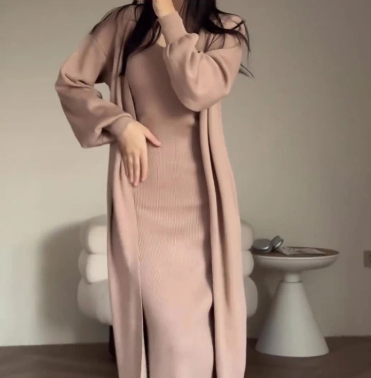 Elegant Two-Piece Set – Solid Color Slim Fit Knitted Sweater & Long Dress