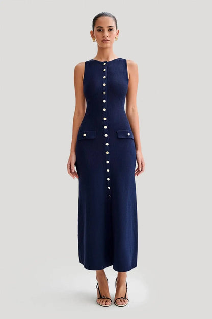 Knitted Single Breasted Long Dress - Sleeveless Bodycon Party Dress