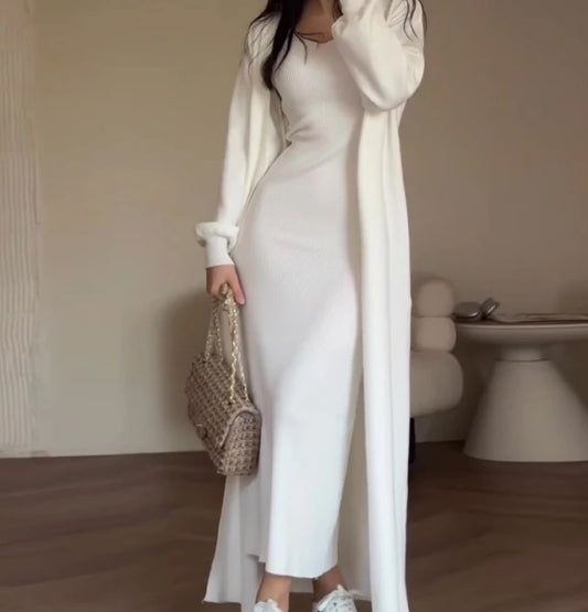 Elegant Two-Piece Set – Solid Color Slim Fit Knitted Sweater & Long Dress
