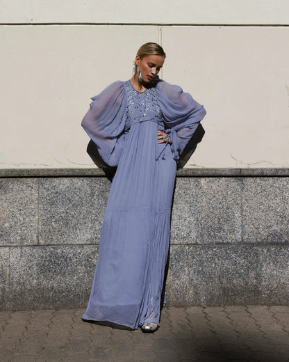 Pleated Puff Sleeve Maxi Dress – V-Neck, A-Line Silhouette