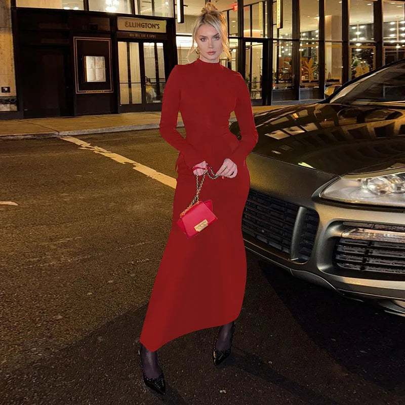 Maxi Dress High Waist Pocket Solid Long Dress