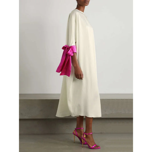 Elegant Bow Contrast Color Round-Neck Midi Dress