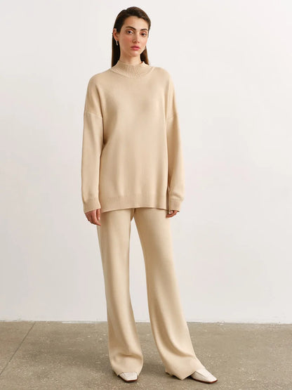 Knitted 2-Piece Suit – Half Turtleneck Sweater & Wide Leg Pants Set