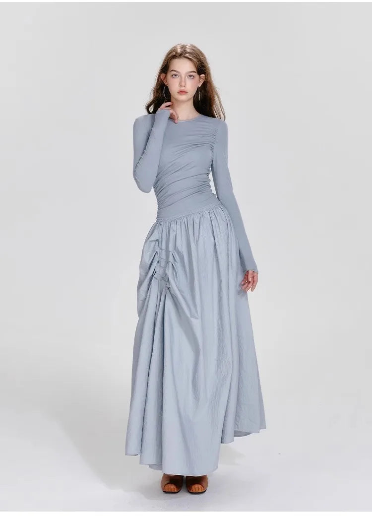 Ballet Style Round Neck Dress – Pleated Long Sleeved Fit & Flare Dress
