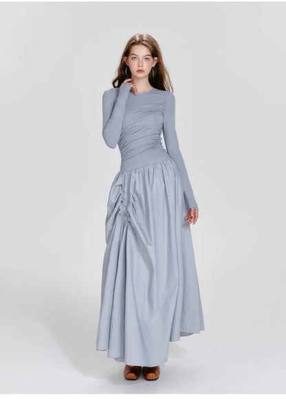 Ballet Style Round Neck Dress – Pleated Long Sleeved Fit & Flare Dress