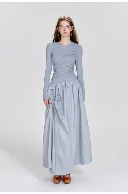 Ballet Style Round Neck Dress – Pleated Long Sleeved Fit & Flare Dress