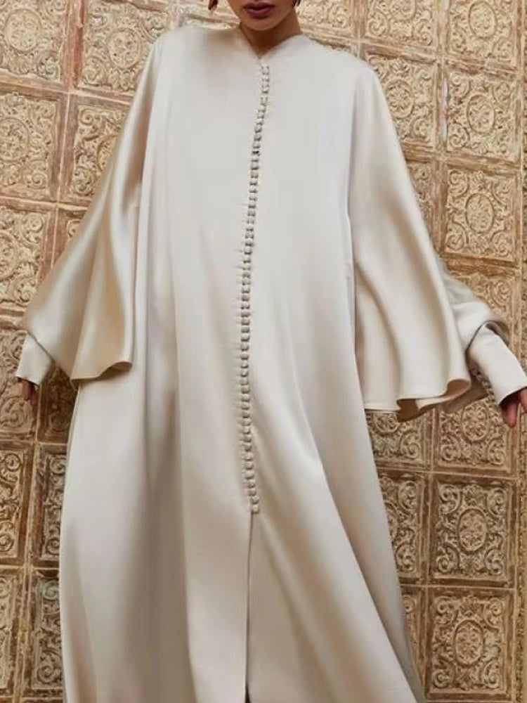 Women's Solid Color Split Floor Length Robe with Round Neck and Long Batwing Sleeves