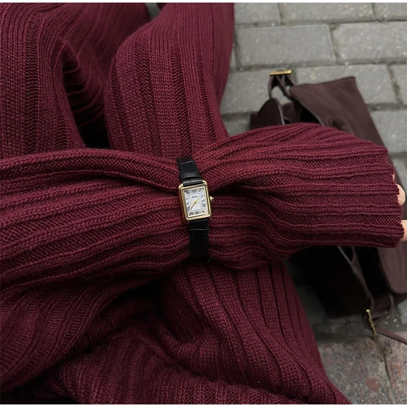 Knitted Pants Suit for Women – Scarf Collar Long Sleeve Sweater and Wide Leg Pants Two-Piece Set