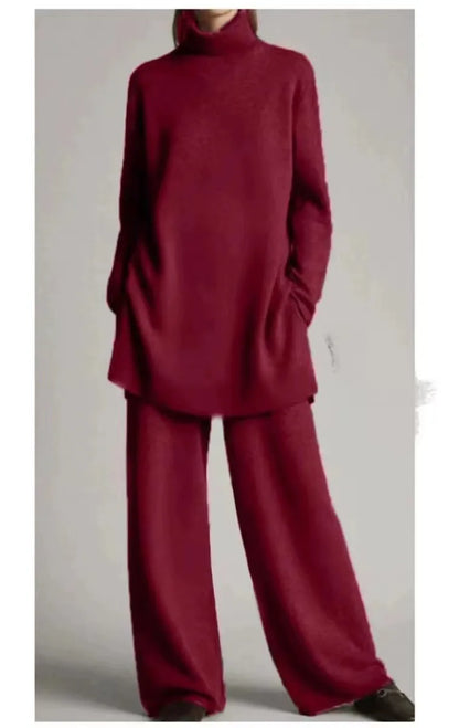 Solid Color Long Pants Set – Loose Turtleneck Pullover & Wide Leg Trousers Two-Piece Set
