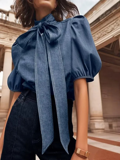 Elegant Puff Sleeve Denim Blouse