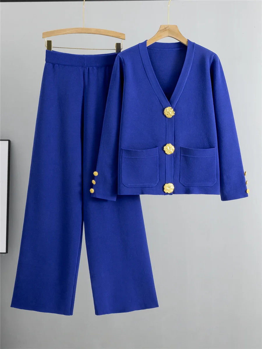 Knitted 2-Piece Set – V-Neck Cardigan Top & High Waist Wide Leg Pants