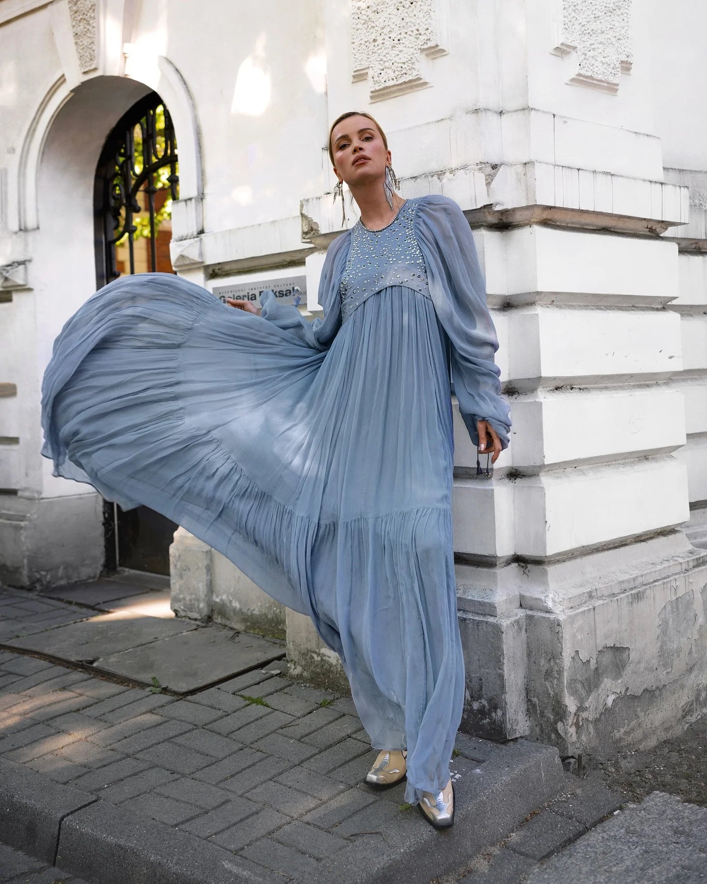 Pleated Puff Sleeve Maxi Dress – V-Neck, A-Line Silhouette