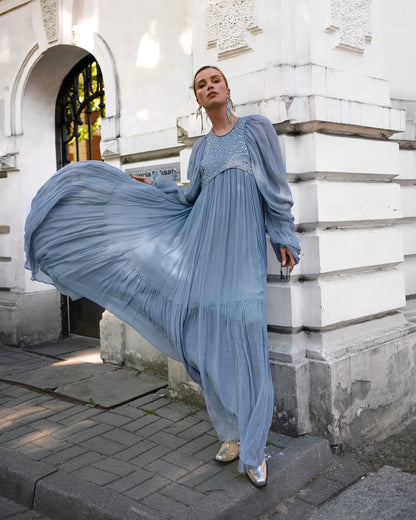Pleated Puff Sleeve Maxi Dress – V-Neck, A-Line Silhouette