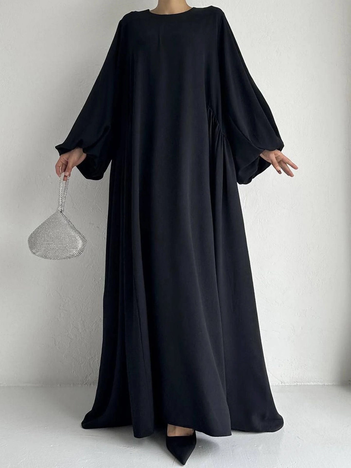 Elegant Solid Bishop Sleeve Abaya Kaftan – Crew Neck Maxi Dress for Women