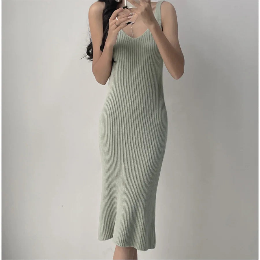 Knitted Dresses 2 Pieces Set V Neck Knit Sweater Dress+long Sleeve Solid Cardigans