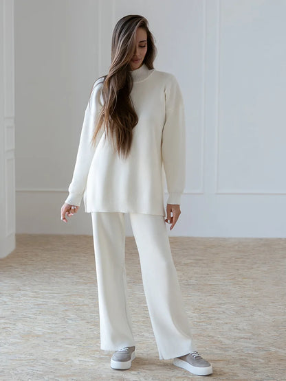Knitted 2-Piece Suit – Half Turtleneck Sweater & Wide Leg Pants Set