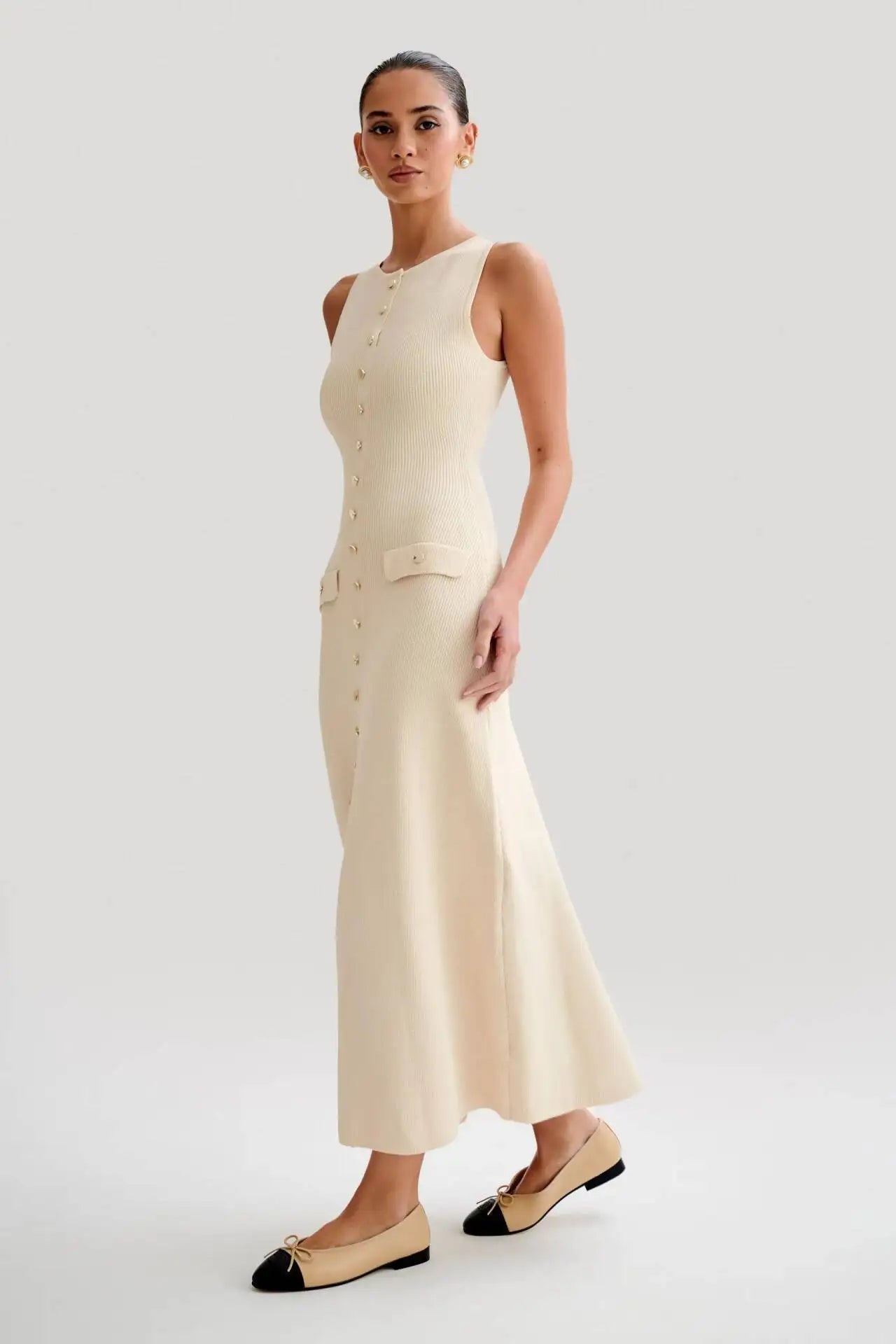 Knitted Single Breasted Long Dress - Sleeveless Bodycon Party Dress