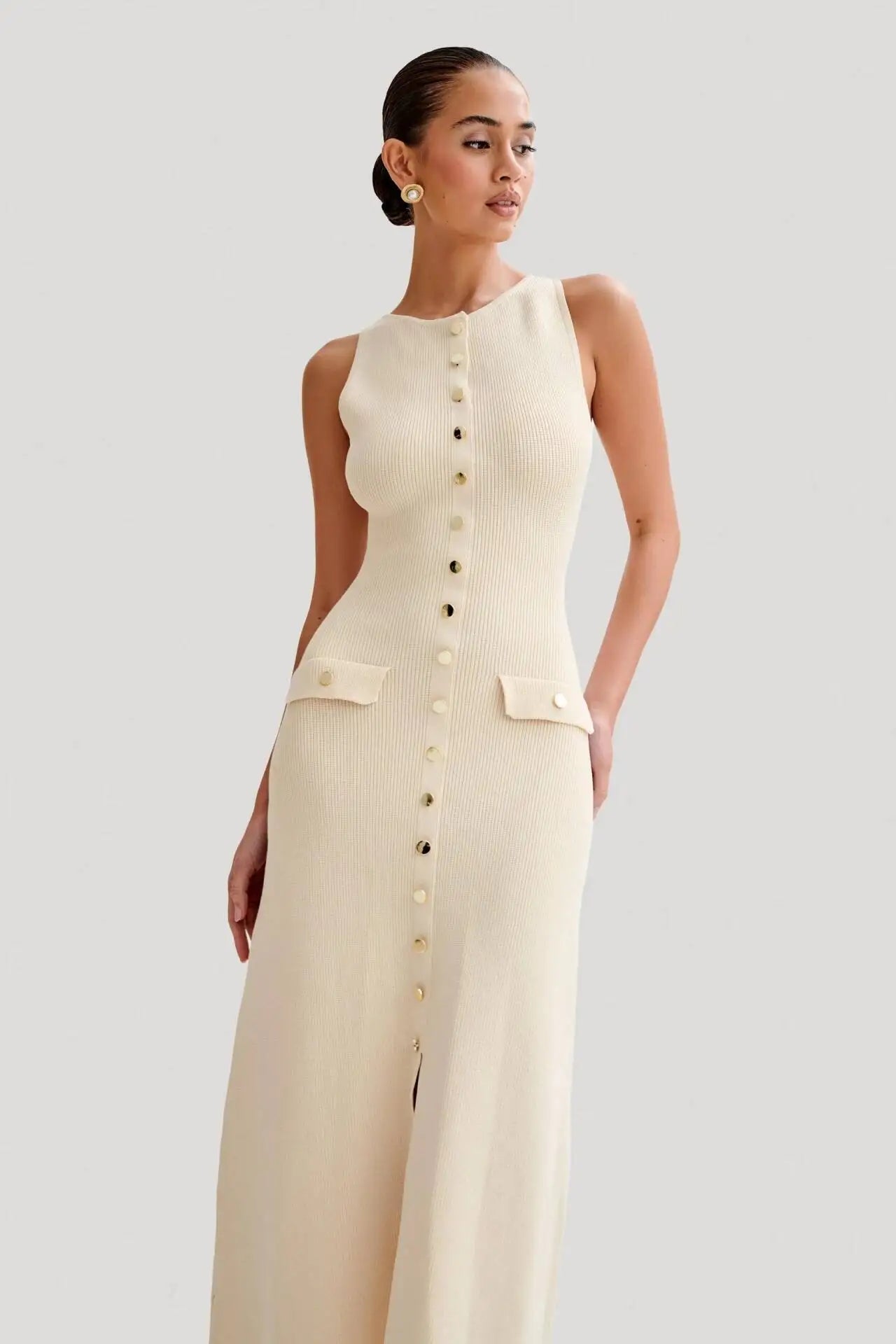 Knitted Single Breasted Long Dress - Sleeveless Bodycon Party Dress