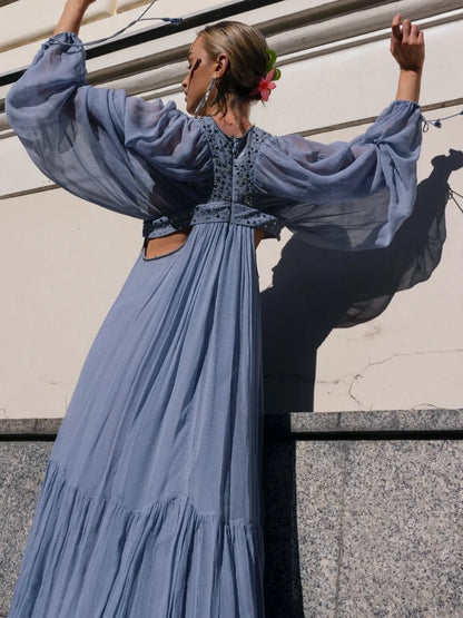 Pleated Puff Sleeve Maxi Dress – V-Neck, A-Line Silhouette