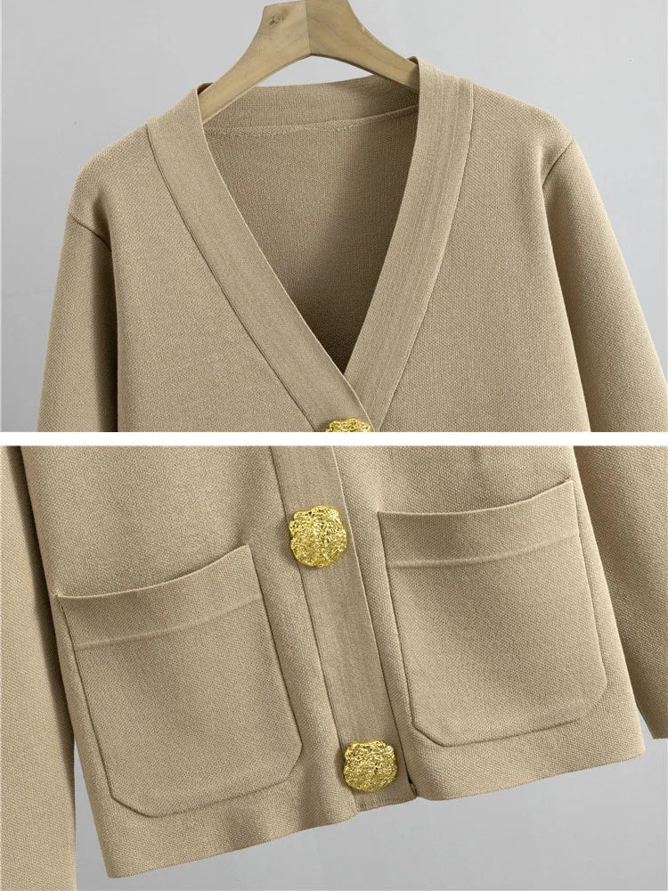 Knitted 2-Piece Set – V-Neck Cardigan Top & High Waist Wide Leg Pants