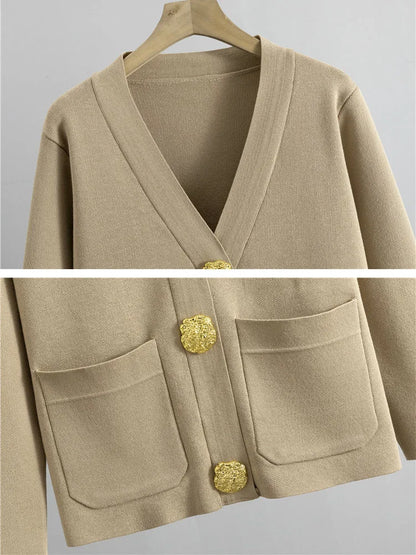 Knitted 2-Piece Set – V-Neck Cardigan Top & High Waist Wide Leg Pants