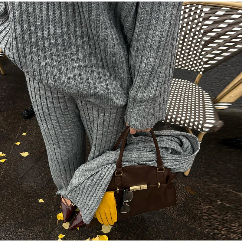 Knitted Pants Suit for Women – Scarf Collar Long Sleeve Sweater and Wide Leg Pants Two-Piece Set