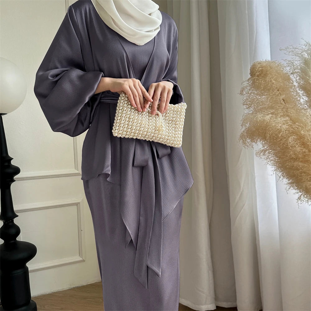Satin Plain 2-Piece Abaya Set – Elegant Modest Clothing Kaftan Robe