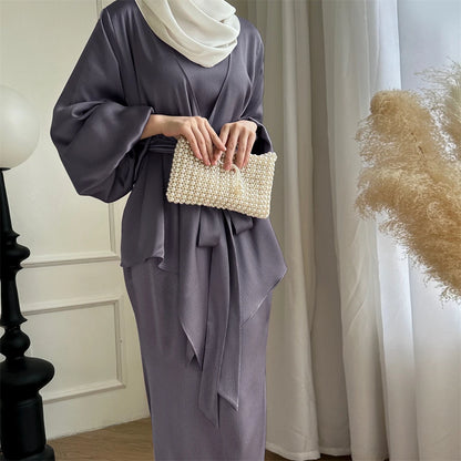 Satin Plain 2-Piece Abaya Set – Elegant Modest Clothing Kaftan Robe