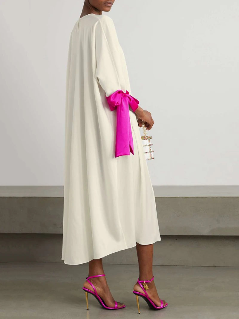 Elegant Bow Contrast Color Round-Neck Midi Dress