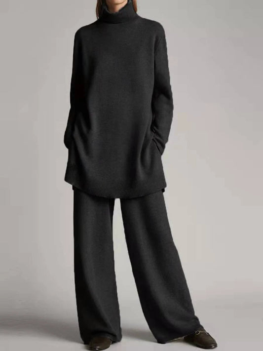Solid Color Long Pants Set – Loose Turtleneck Pullover & Wide Leg Trousers Two-Piece Set
