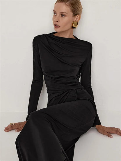 Pleated Slim Fashion Maxi Dress – Elegant High Waist Long Sleeve Bandage Dress